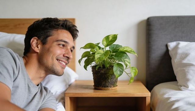 Man reclining in bed smiling at pothos on wooden nightstand, cozy home plant moment