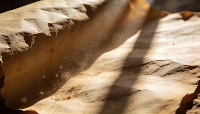 Sunlit aged parchment with dust motes and textured creases on wooden attic surface