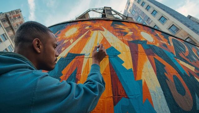 Street Artist Adding Vibrant Details to Urban Mural