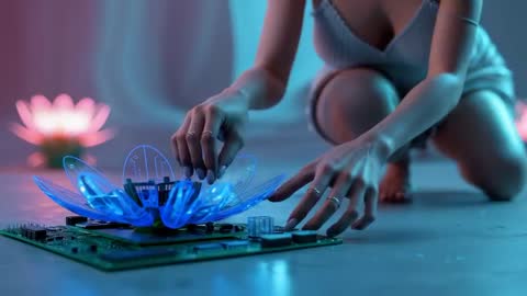 Woman Innovatively Unveiling Remote Hologram in Futuristic Setting