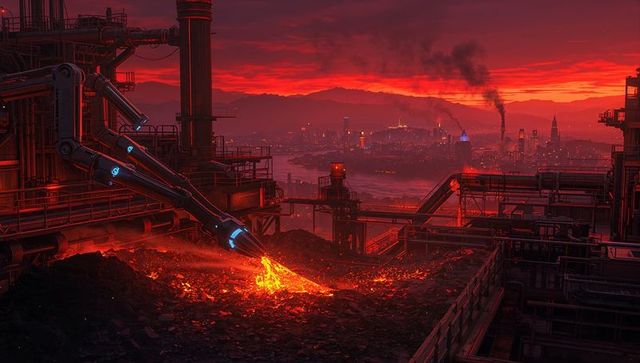 Robotic Arm Pouring Molten Metal in Edge of City Industry Scene