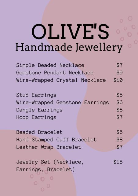 This image showcases a handmade jewelry price list with a soft pink backdrop. It highlights various accessories including necklaces, earrings, bracelets, and jewelry sets, showing their prices. Perfect for use in artisan shops, e-commerce websites, and boutique marketing to attract customers interested in unique, handcrafted jewelry.