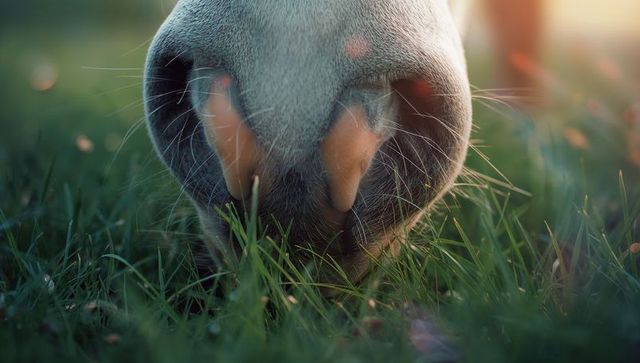 Close-up of Horse Muzzle Grazing on Grass at Golden Hour
