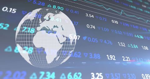 Global financial figures overlaying spinning globe
