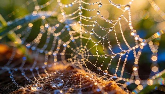 Dew-Kissed Spider Web Macro with Sparkling Droplets and Golden Morning Backlight