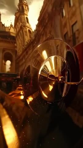 Parade starting with shining sousaphone bell reflecting historic street in vertical video