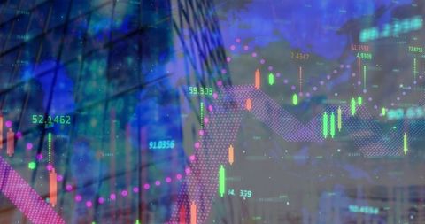 Dynamic Financial Data Overlaid on Modern Urban Architecture