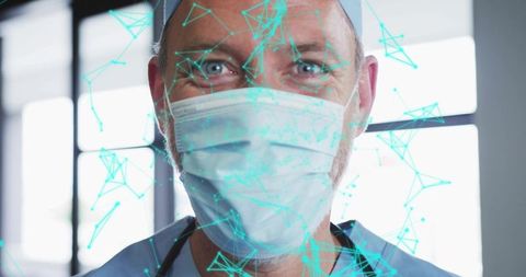 Senior surgeon wearing mask and scrubs with digital network overlay, telemedicine