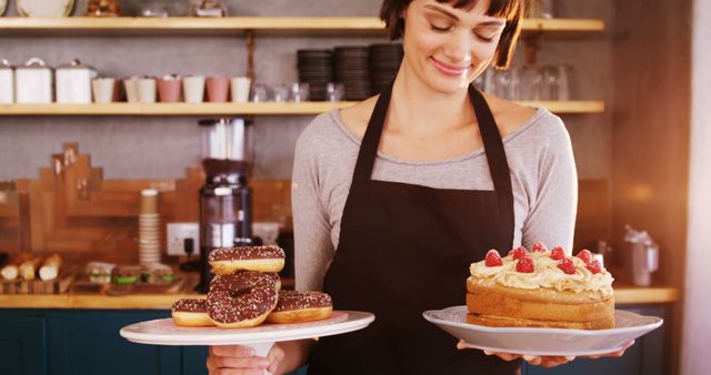 Smiling Baker Holding Donuts and Cake in Cafe - Download Free Stock Images Pikwizard.com