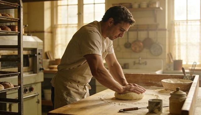 Artisan baker kneading dough on wooden workbench in sunlit rustic bakery
