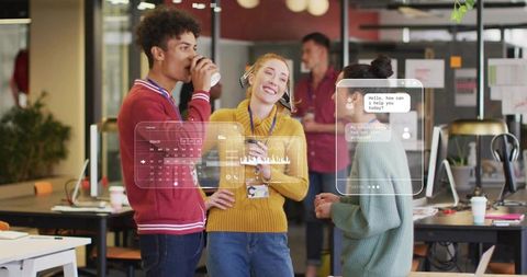 Coworkers in open-plan office with digital ui technology