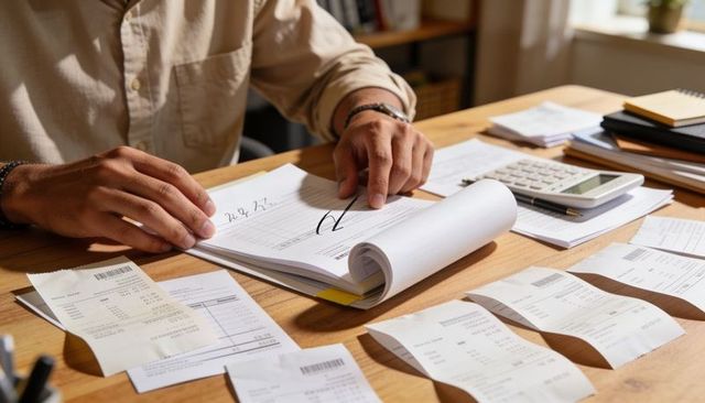 Male signing financial documents and pointing at notepad with receipts and calculator