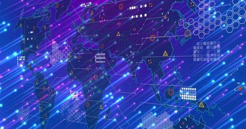Global cyber network visualization with neon hex grids, glowing nodes and data streams