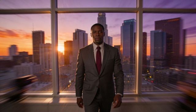 Confident black executive walking toward camera in high-rise office at sunset