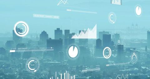 Futuristic city data dashboard overlay showing growth metrics, interactive hud analytics