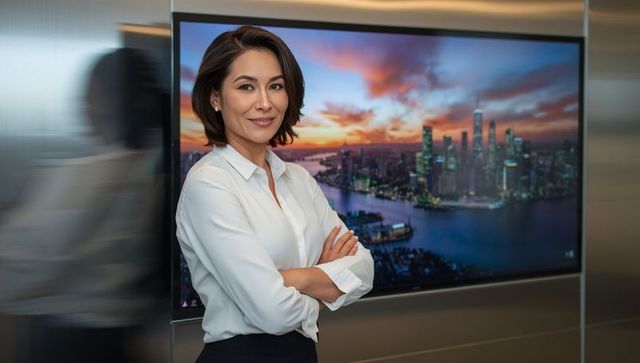 Confident Female Executive in Modern Office with Digital Display
