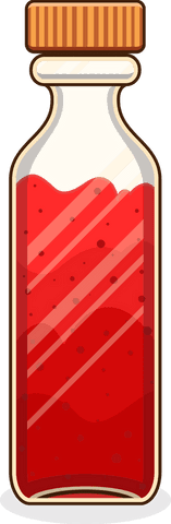 Transparent bottle with red liquid featuring ribbed orange cap
