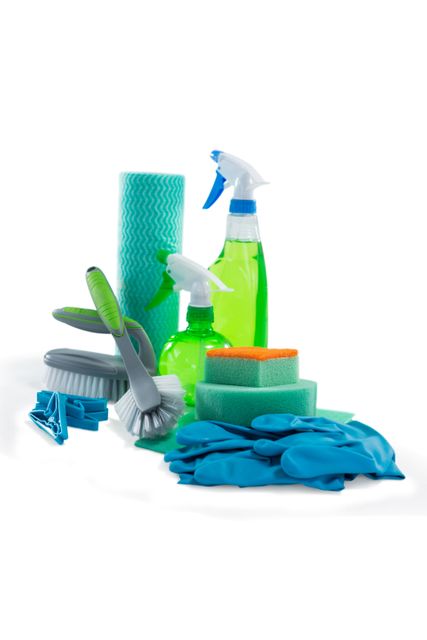 Close up of cleaning products on white background