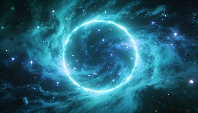 Swirling Turquoise Cosmic Portal Ring Glowing Vortex in Deep Space Sci-Fi Concept Art