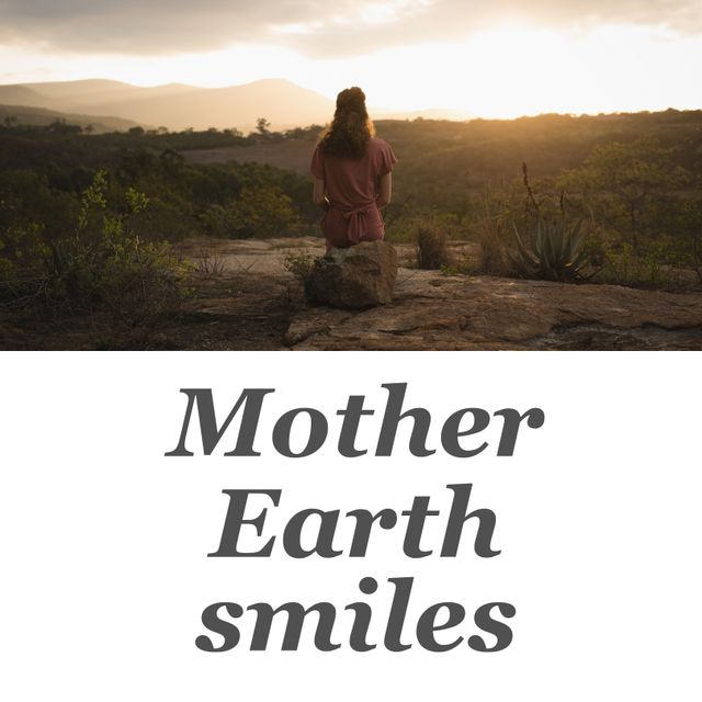 Composition of mother earth smiles text over caucasian woman sitting on rock in field. Planet earth, sustainability, ecology and climate awareness concept digitally generated image.