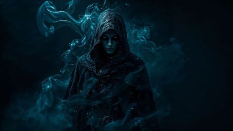 Mystic hooded assassin figure conjuring ethereal smoke in dark void