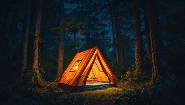 Glowing orange-striped Aframe tent illuminating moonlit pine clearing for cozy night camping