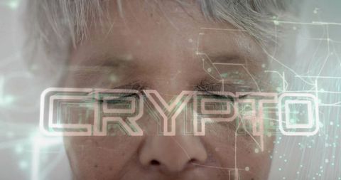 Senior woman meditating with holographic crypto overlay and futuristic data circuits