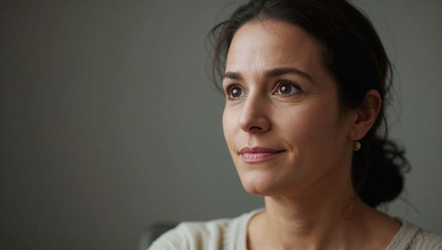 Gazing woman in knit sweater wearing pearl earring, soft natural light headshot