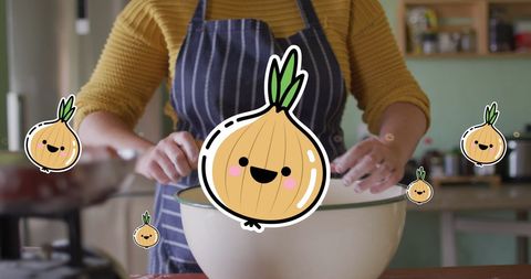 Caucasian Woman Cooking with Custom Onion Illustrations