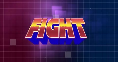 Retro game style fight text on grid background