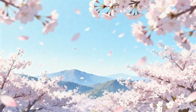 Cherry blossom branches framing falling petals over mountain ridge, pastel spring landscape