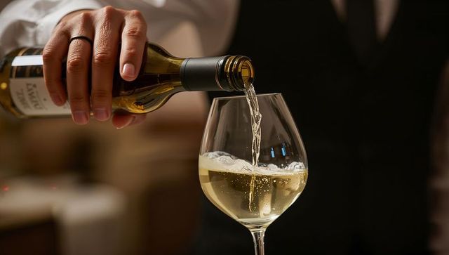 Sommelier pouring chilled white wine into stemmed glass, elegant hospitality with bokeh