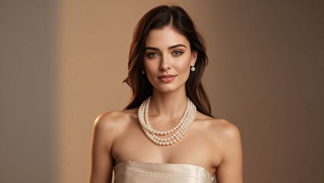 Elegant woman in satin gown posing with pearl jewelry
