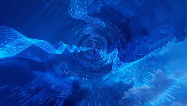 Spiraling Blue Data Ribbon Drawing Viewer into Digital Cloud Vortex with Neon Grid Rings