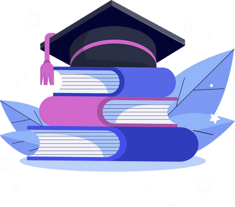Transparent book stack with graduation cap and stars art