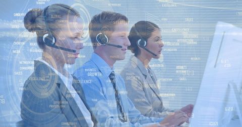 Team of call center professionals with digital data overlay