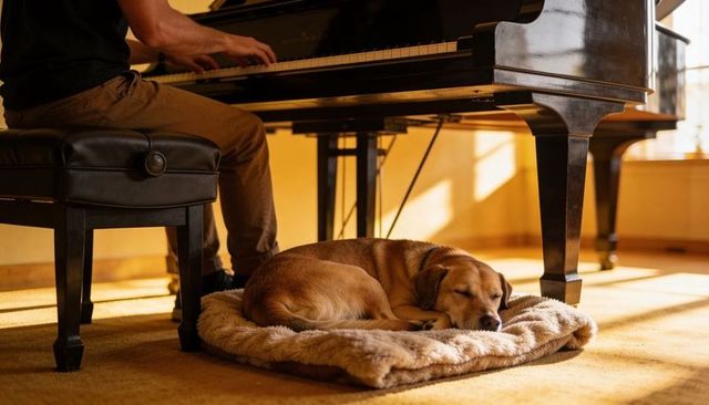 Sleeping dog curling on plush bed while pianist plays grand piano in sunlit room