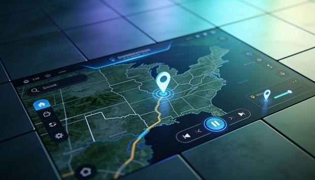 Transparent touchscreen navigation panel displaying glowing blue geolocation pin over us map