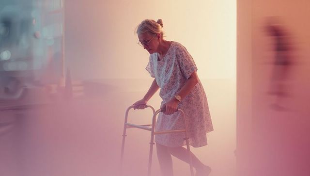 Elderly woman in hospital corridor using walker for rehabilitation