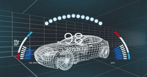 Futuristic Wireframe Car with Virtual Dashboard Display
