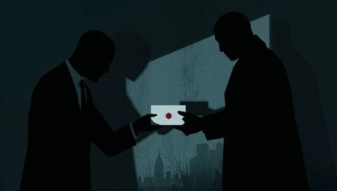 Exchanging sealed envelope between two men in suits under backlit shadowy noir urban scene