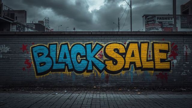 Gritty Urban Graffiti Featuring BLACK SALE Bold Blue and Yellow Lettering on Brick Wall