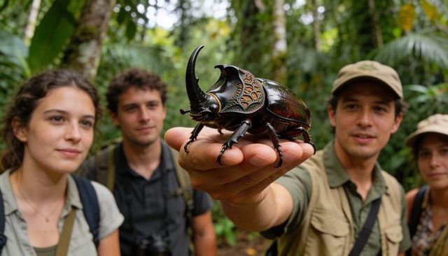 Field guide presenting rhinoceros beetle in tropical rainforest with ecotourists observing