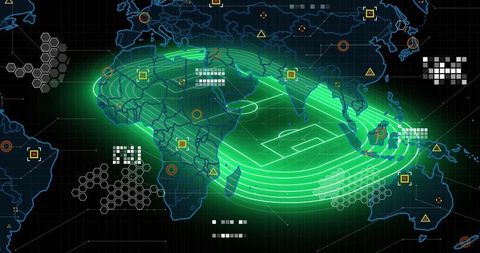 Neon Green Football Field Overlays Digital Global Map