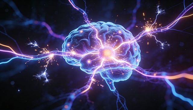 Neon neural network brain with electric synapse sparks and glowing cortex core