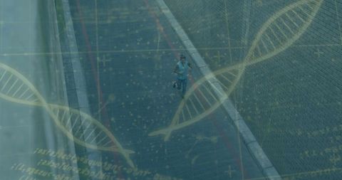 Urban jogger and dna overlay symbolizing fitness and technology