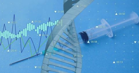 Dna strand and data overlay with syringe highlighting biotechnology