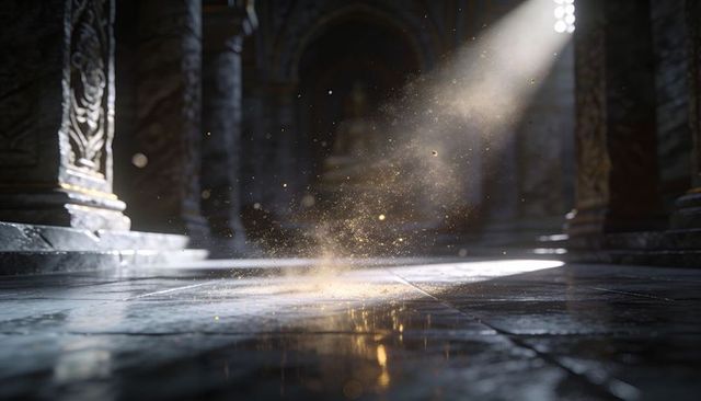 Rising golden dust swirling in sunlit cathedral hall with marble pillars and light rays
