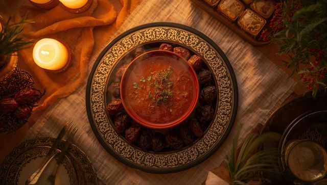 Moroccan spiced tomato stew simmering in ornate bowl surrounded by dates and candlelight