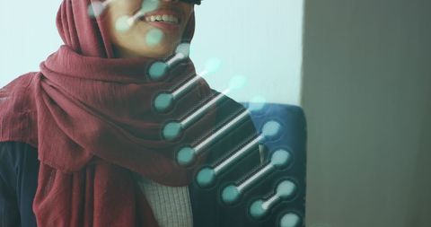 Woman in Hijab Using VR with Digital DNA Molecule